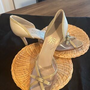 Salvatore Ferragamo Gold Heels with Bow Detail